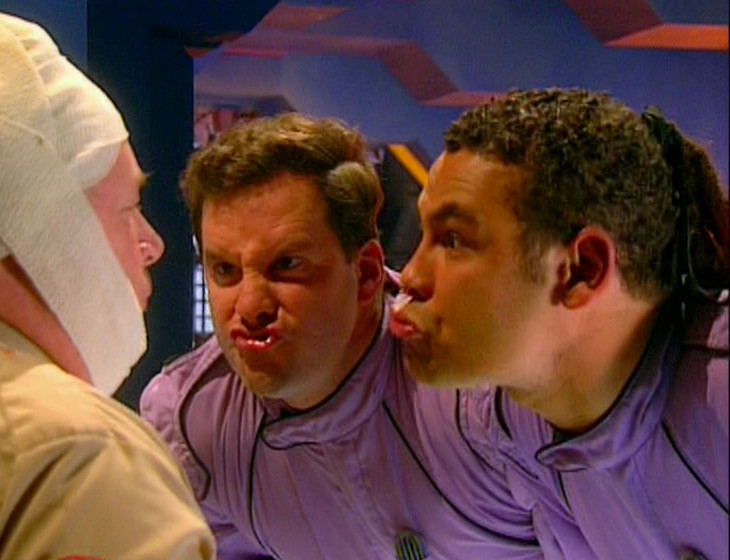 Lister and Rimmer getting beaten up like a pair of twats